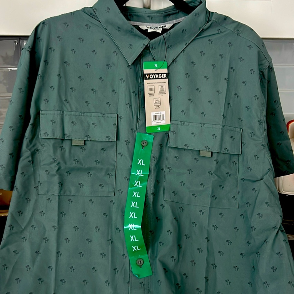 NEW XL MENS SHORT SLEEVE VOYAGER GREEN BUTTON FRONT SHIRT DBL POCKET -VELCRO - Picture 2 of 14